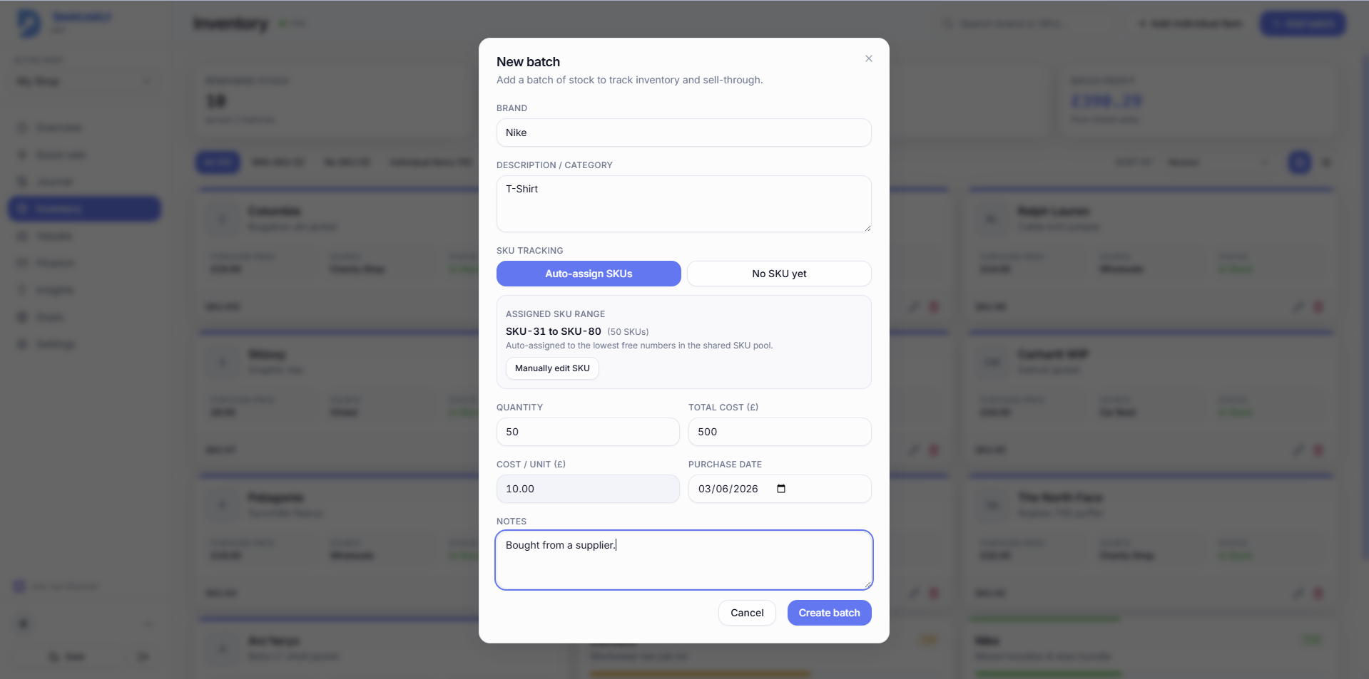 Adding a batch with its auto-assigned SKU range